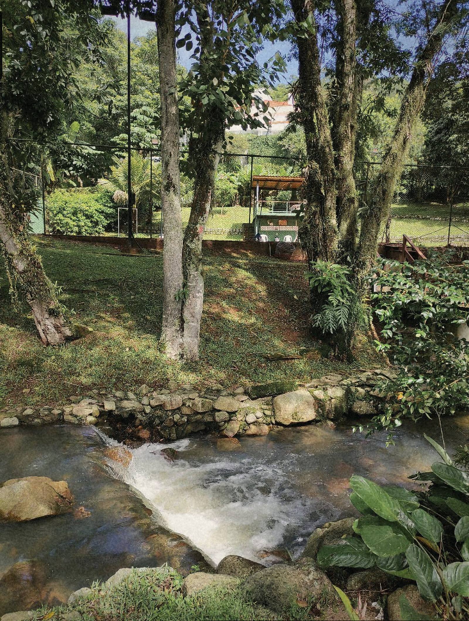 Pequena cachoeira de um riacho entre pedras, ao lado do terreno da quadra, com árvores, gramado e a varanda verde da RAR Tennis ao fundo.